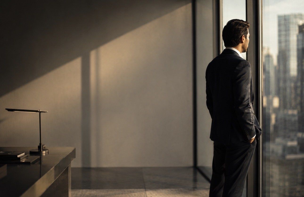 Executive reflecting by a sunlit office window