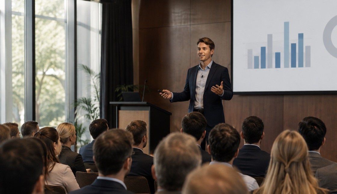 Speaker presenting from a lectern to a room